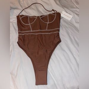 Bootinbikinis brown one piece swimsuit with shorts, size medium